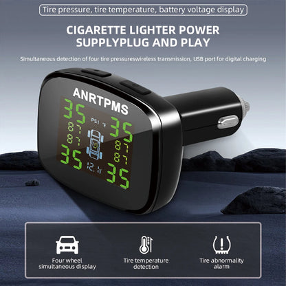 ACCEO TPMS Wireless Cigarette Lighter Tire Pressure Monitoring System USB Output Tire Pressure Monitor Temperature/Tire Warning