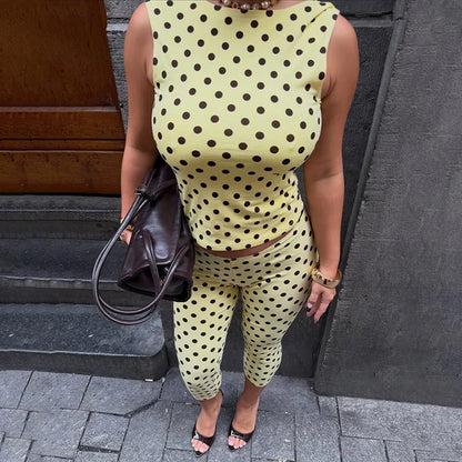 Women's Fashion Polka Dot Slim 2 Piece Set Summer Sleeveless Vest Elastic Waist Pant Suits For Womens Party Casual Streetwear