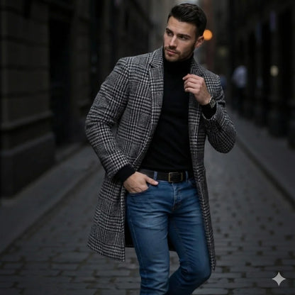 Men's Single Breasted Woolen Blend Trench Coat, Stripes Long Warm Windproof Jacket for Autumn, Classic Solid Color Outerwear
