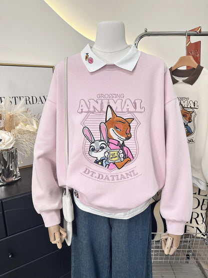 Fashionable Heavy Embroidery Cartoon Color Block  Neck Loose Fit Sweatshirt Women's Autumn New Arrival Fake Two-Piece Style