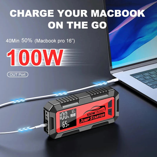 8000A 24000mAh 12V Portable Car Jump Starter, 100W Fast Charging Power Bank with DC Output & Super Capacitor for Laptop