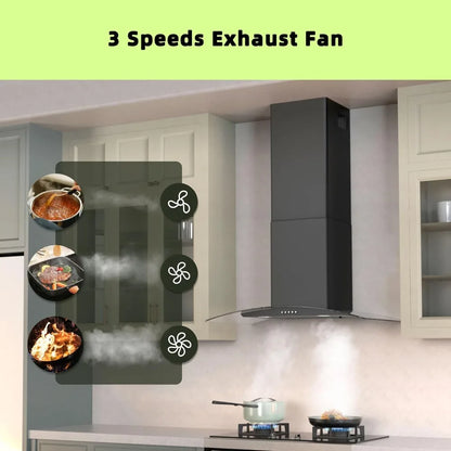 30 inch Wall Mount Range Hood, 400CFM, 3 Speed Fan, Tempered Glass, Push Button Controls, LED Lighting, Stainless Steel, Includes 2 Charcoal Filters