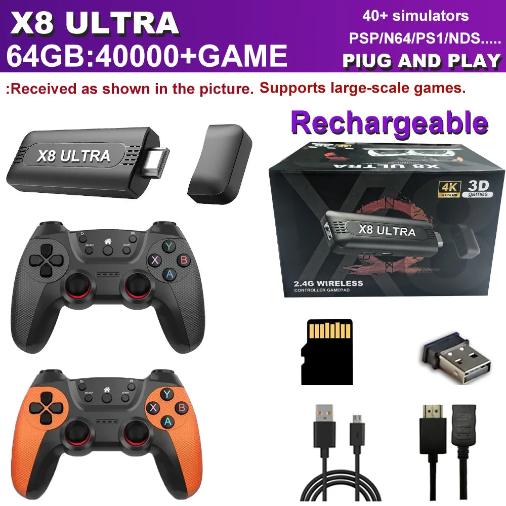 The X8 ULTRA retro video game console comes pre-installed with 50,000 games and plug-and-play PS1/N64/PSP emulators.