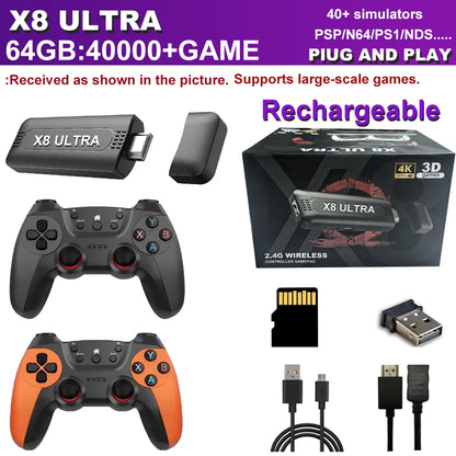 The X8 ULTRA retro video game console comes pre-installed with 50,000 games and plug-and-play PS1/N64/PSP emulators.