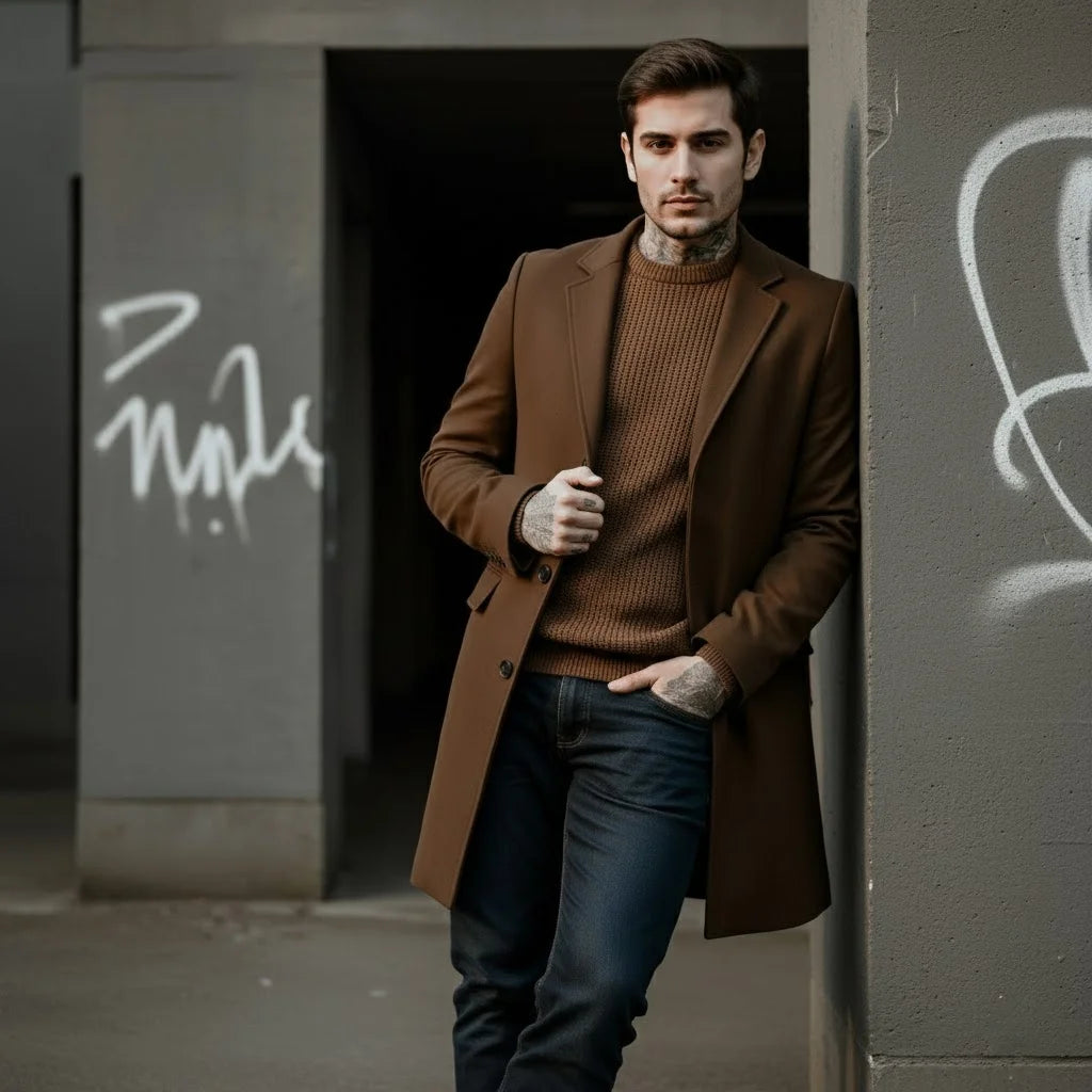 Men's Woolen Blend Single-Breasted Overcoat Winter Warm Long Coat Street Fashion Solid Color Jacket