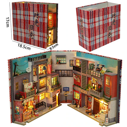 Zuuton DIY Wooden Book Nook Shelf Insert Kit Japanese Alley Miniature Model with LED Light 3D Puzzle Bookend Creative Gift Home