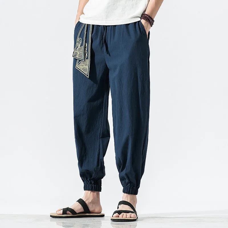 Kimono Men Cotton Linen Japanese Samurai Costume Ukiyo-e Print Belt Retro Harem Pants Mens Hip Hop Harajuku Haori Baggy Trousers