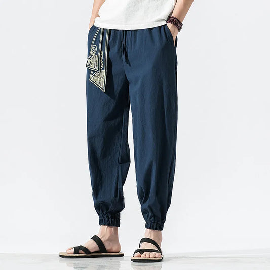 Kimono Men Cotton Linen Japanese Samurai Costume Ukiyo-e Print Belt Retro Harem Pants Mens Hip Hop Harajuku Haori Baggy Trousers