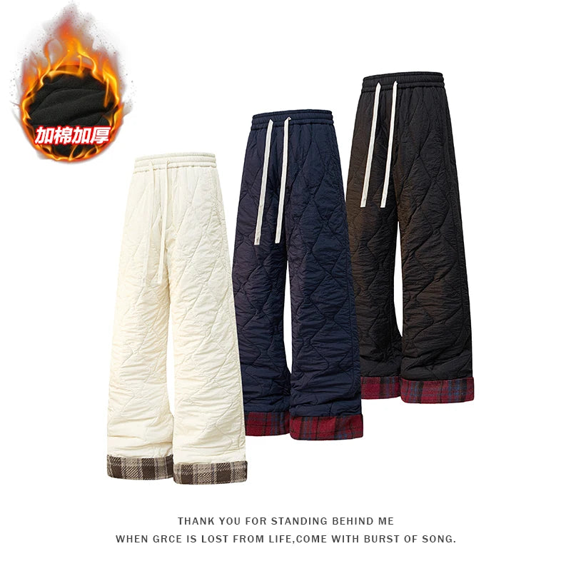For  Men's Heavy Autumn and Winter Rhombus Design Warm Cotton Pants Loose Trend Versatile Velvet Thickened Casual Pants Trousers