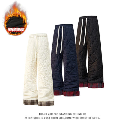 For  Men's Heavy Autumn and Winter Rhombus Design Warm Cotton Pants Loose Trend Versatile Velvet Thickened Casual Pants Trousers