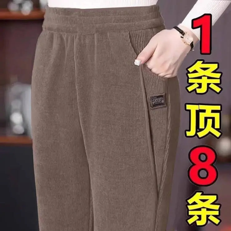 High Waist Thickened Fleece Women's Pants Autumn Winter Casual Loose Mom Pants Harlan Style Pocket Detail Elastic Waist