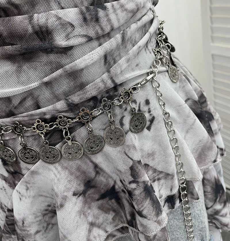 Women's Vintage Tie-dye Printed Mesh Spaghetti Strap Camisole Hot Girl Irregular Ruffled Ribbon Sleeveless Top Partyclub 1185