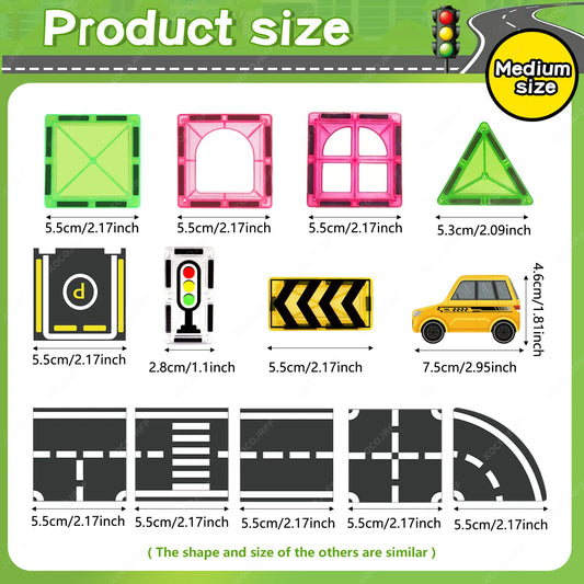 Magnetic City Road Building Set with Magnetic Signs & Toy Cars, Kids STEM Educational Toy. Safe Magnetic Blocks for Boys & Girls