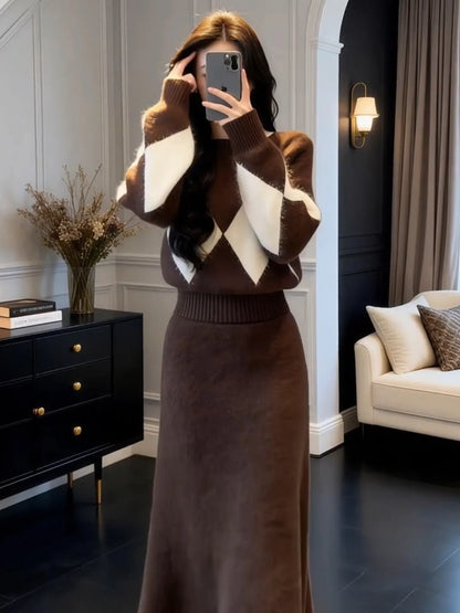 Women's Knitted Sweater Dress Winter 2026 New Style Inner Wear Diamond Pattern Two-Piece Set New Year's Robe Fashionable Ense...
