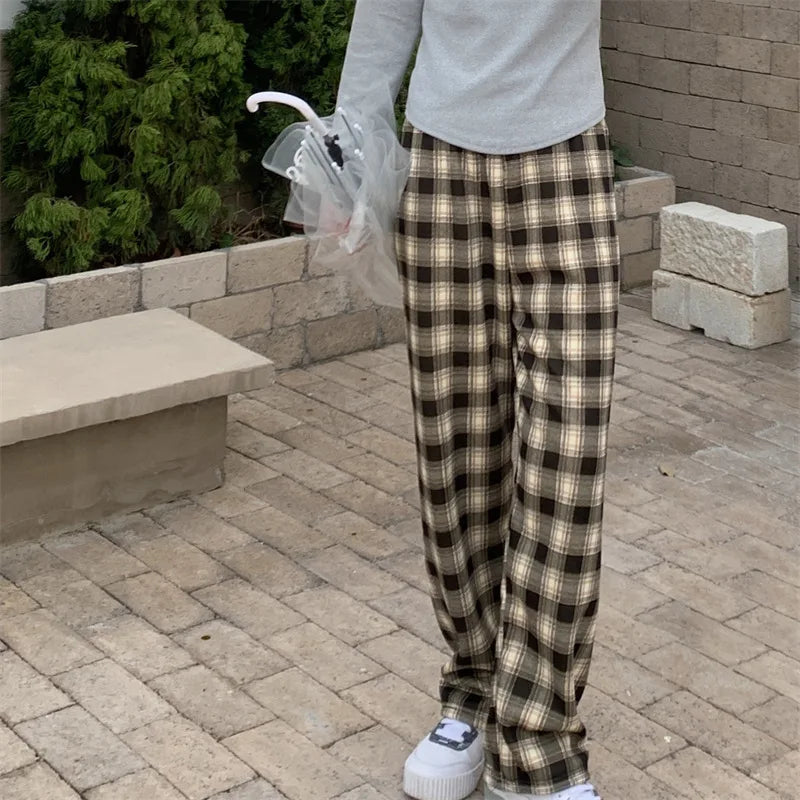 Women Plaid Pants High Waist Wide Leg Flared Trousers Thick Fleece Lined Winter Thermal Lounge Casual Straight Leg Bottoms