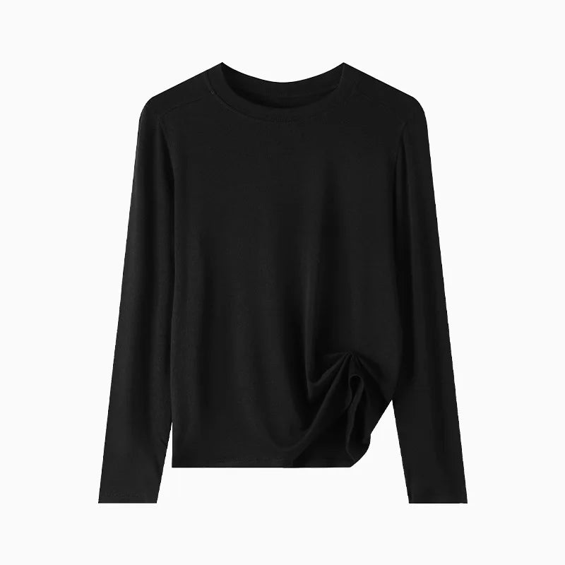 Niche Luxury Women's Solid Color Crew Neck Long Sleeve Knit Top, Soft Breathable Fabric, Casual Daily Inner Wear for Summer