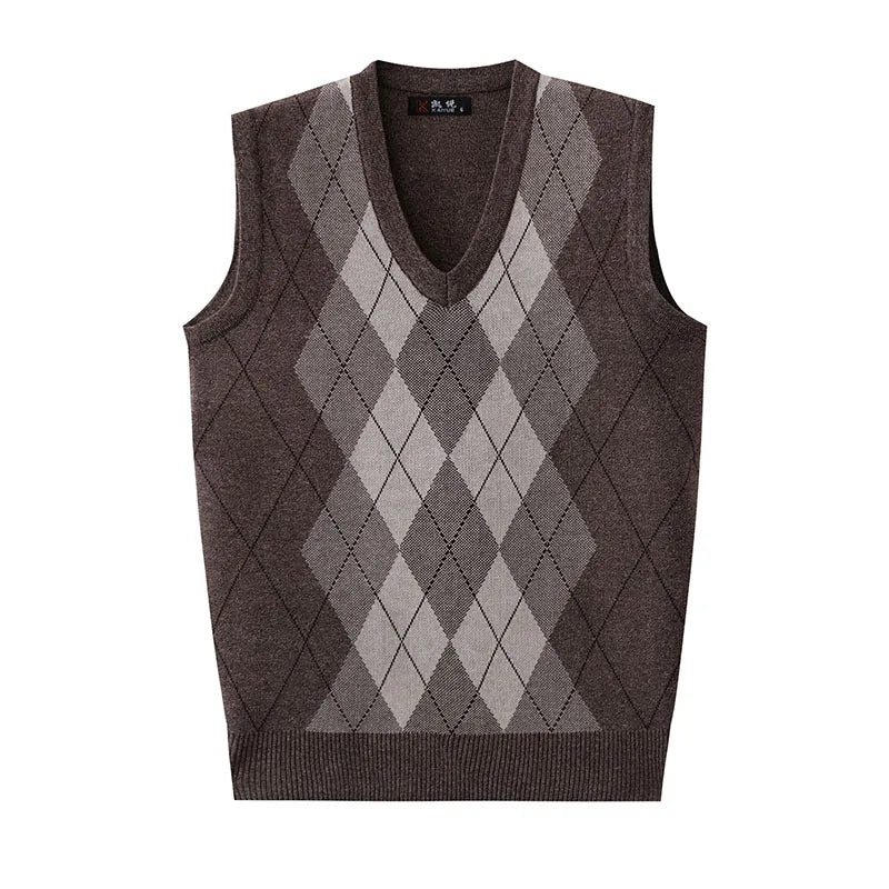 Thickened Casual Sweater Tank Top for Men Vintage Argyle Check Knitting Vest Man Autumn Winter Out Wear Sleeveless Sweaters