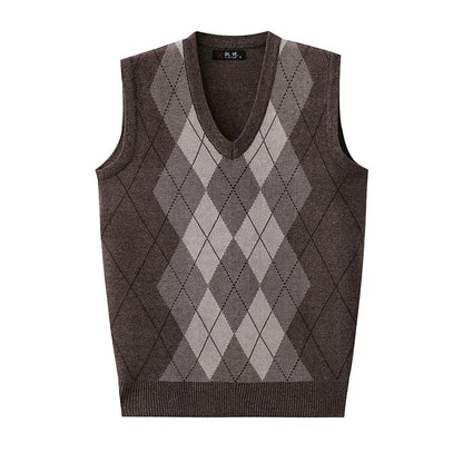 Thickened Casual Sweater Tank Top for Men Vintage Argyle Check Knitting Vest Man Autumn Winter Out Wear Sleeveless Sweaters
