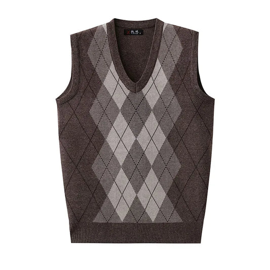 Thickened Casual Sweater Tank Top for Men Vintage Argyle Check Knitting Vest Man Autumn Winter Out Wear Sleeveless Sweaters