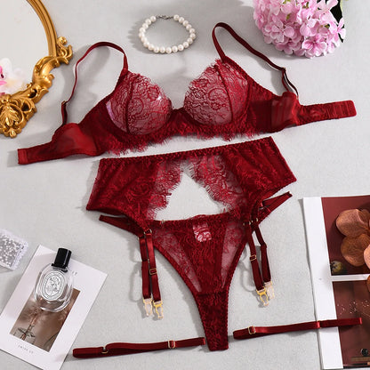Ellolace Solid Lingeries Sexy Hot Elegant Bra Belt Thong 3PC with Leg Circles Cute Intimate Seductive Lace Tempted Underwear