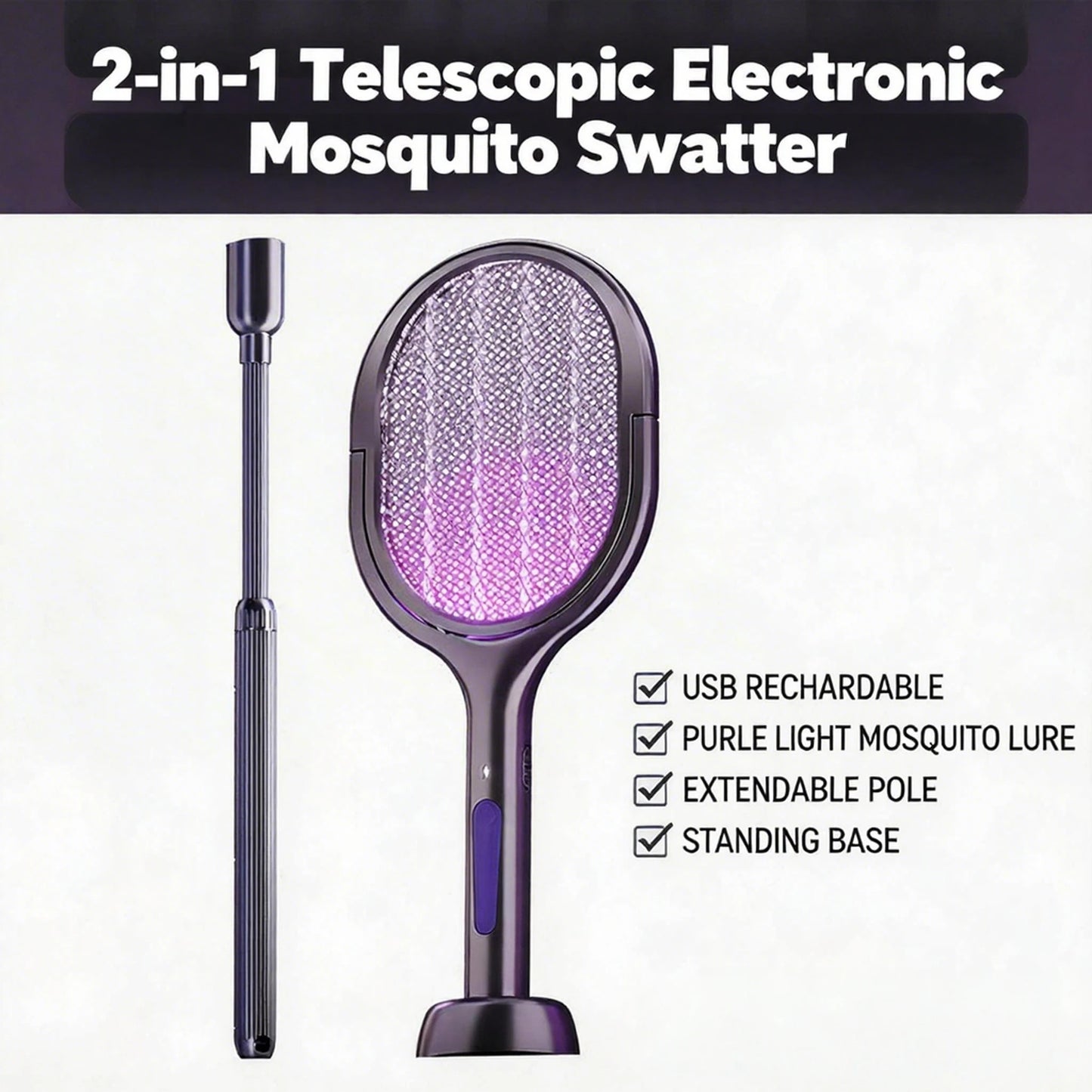Space Silver Telescopic Bug Zapper 2-in-1 Foldable Fly Swatter UV Light Mosquito Killer Lamp Family Safe Home Bedroom 2800V