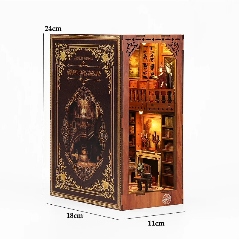 DIY Book Nook Shelf Insert Kit 3D Wooden Puzzle Doll House Assembly Building Model Bookends With Furniture LED Light Xmas Gifts
