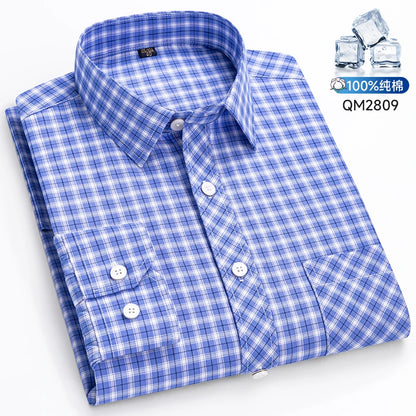 The New Men's Long-Sleeved Shirt Is Cool and Casual. It's a Thin, All-Cotton, Streetwear Checkered Style for Spring and Summer