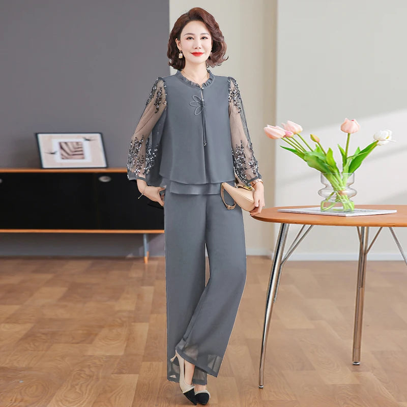 New 2026 Summer Fashionable Thin Two-Piece Set for Older Women Age-Defying Trendy Top And Bottom Ensemble Polyester Fiber