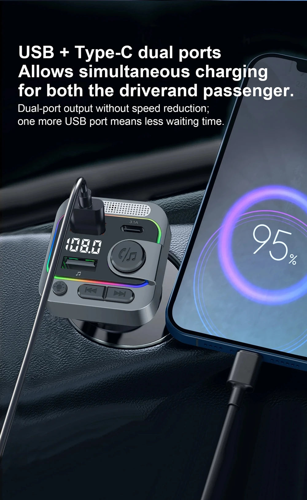 Bluetooth 5.3 Car FM Transmitter with Wireless Microphone MP3 Player Type-C Dual USB Charging Hands-Free Calling TF Card Support