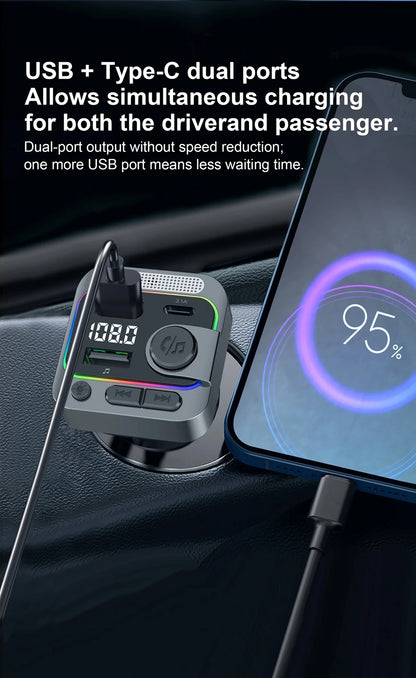 Bluetooth 5.3 Car FM Transmitter with Wireless Microphone MP3 Player Type-C Dual USB Charging Hands-Free Calling TF Card Support