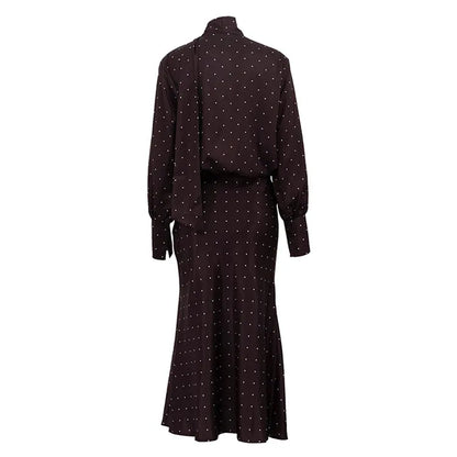 Two Piece Skirt Set Printed Polka Dot Satin Skirt Set Women's Long Sleeved Lace Up Shirt+high WAIST Midi Skirt Set