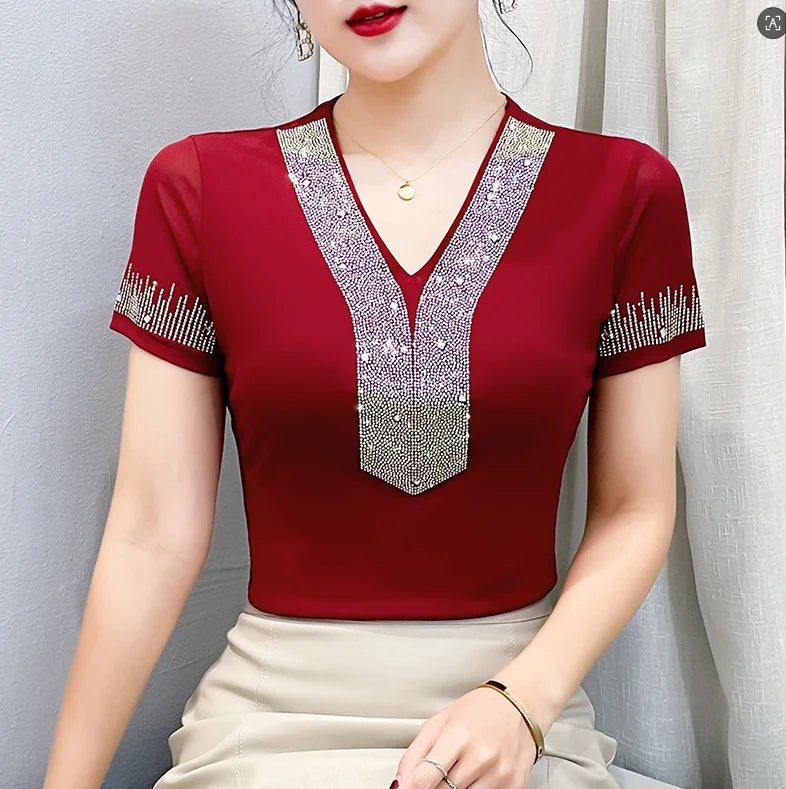 2026 Summer Women Tops New Korean Fashion Diamond Mesh T Shirt V-neck Short Sleeved Patchwork Lace Shirt