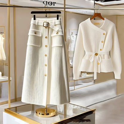 Elegant Autumn Winter Knitted Sweater Long Sleeve Women's Skirt Set High Waist Loose Fit Fashionable Two-Piece Ensemble