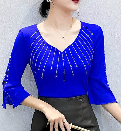 2026 Summer Women Tops New Korean Fashion Diamond Mesh T Shirt V-neck Short Sleeved Patchwork Lace Shirt