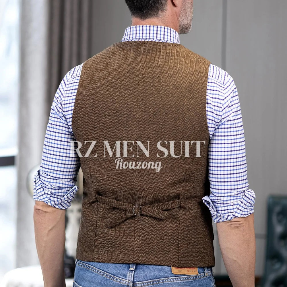 Men's Tweed Suit Vest Western Herringbone Wool Casual Waistcoat for Groomsman chaleco para hombre