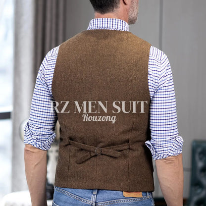 Men's Tweed Suit Vest Western Herringbone Wool Casual Waistcoat for Groomsman chaleco para hombre