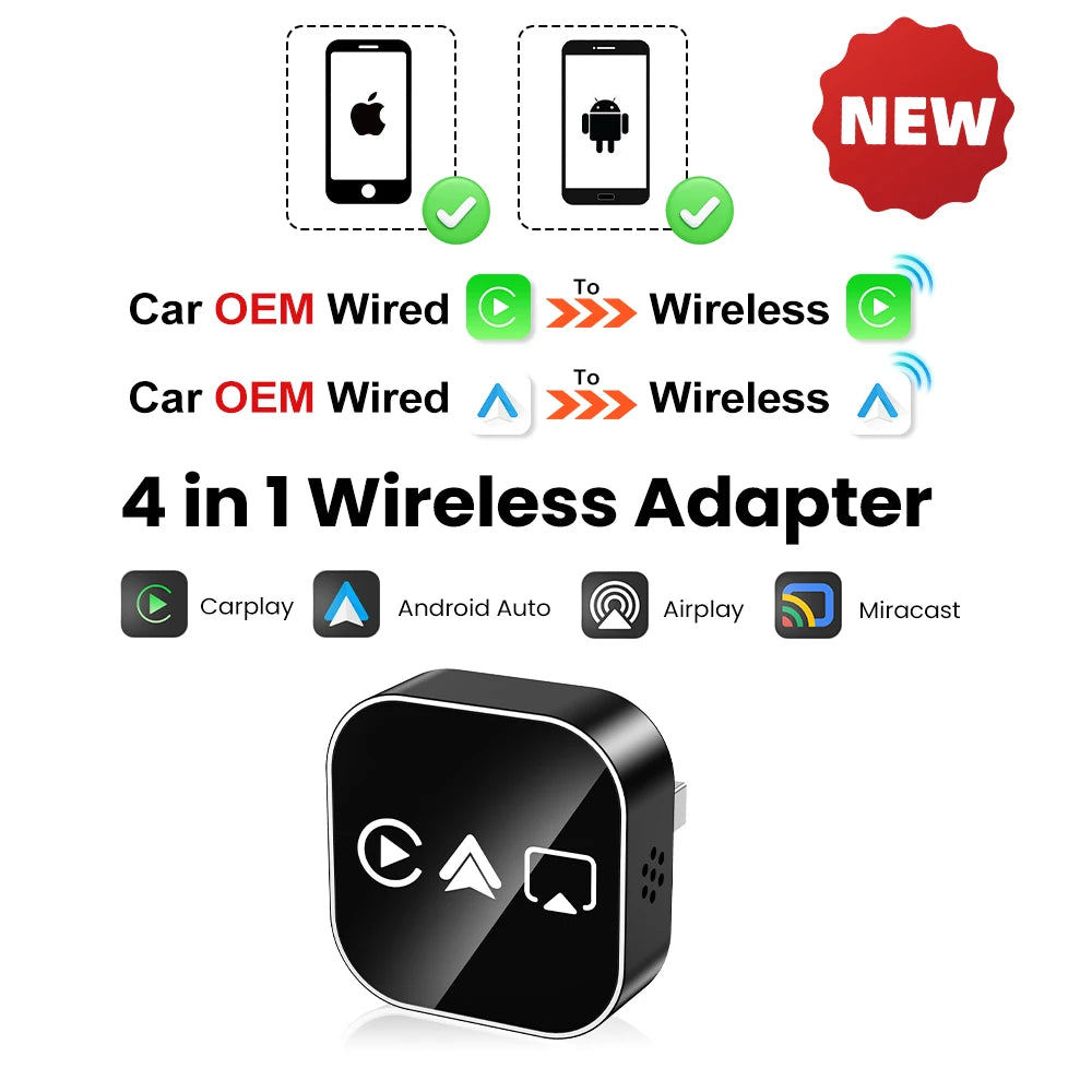 2026 Upgrade 4-in-1 Wireless Carplay Mirror Link Adapter Wired to Wireless Android Auto Plug & Play 5GHz WIFI For Wired Carplay