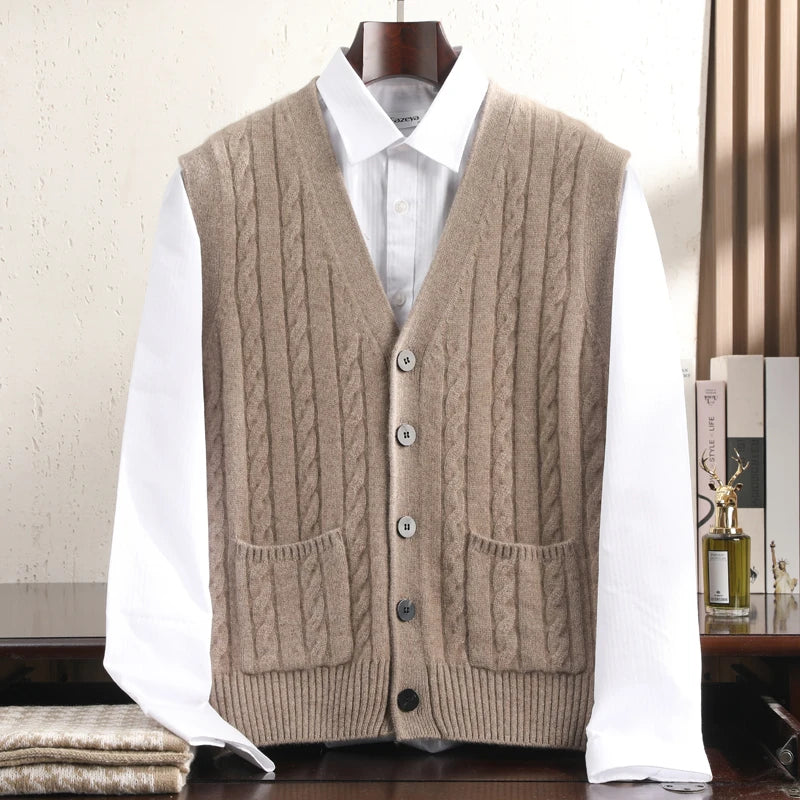 A-Class 100% Pure Cashmere Vest Men's V-Neck Knitted Cardigan Autumn Winter New Twist Flower Business Shoulder Men's Clothing