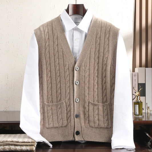 A-Class 100% Pure Cashmere Vest Men's V-Neck Knitted Cardigan Autumn Winter New Twist Flower Business Shoulder Men's Clothing