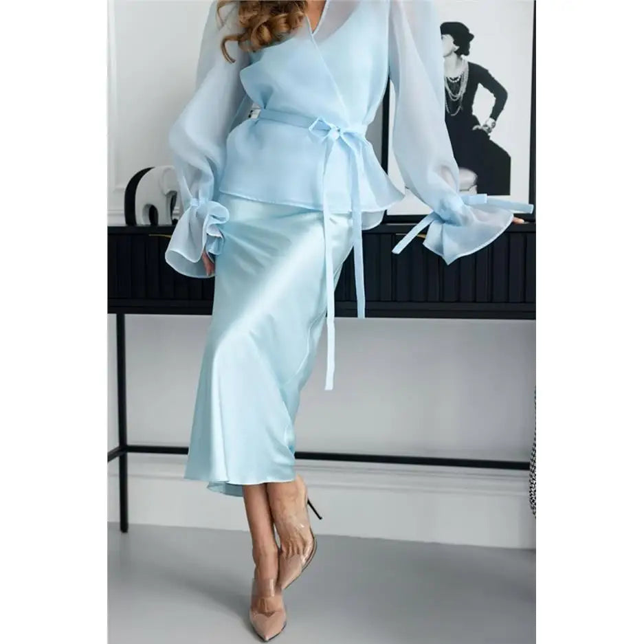 Elegant Shirt Style Satin Dress Women's High Waist Belted Long Sleeve Fashion Set High Quality Chinese Brand Summer Outfit