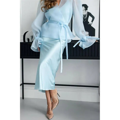Elegant Shirt Style Satin Dress Women's High Waist Belted Long Sleeve Fashion Set High Quality Chinese Brand Summer Outfit