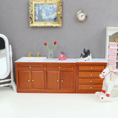 Dollhouse Miniature Retro Wood Cabinet Cupboard Sink Cabinet Locker with Drawer for Dollhouse Kitchen Living Room Furniture Toys