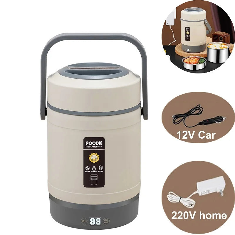 12V Car Electric Lunch Box Portable Outdoors 304 Stainless Steel Keep Warm Pot Double-layer Lunch Box 220V Food Heater 1.6L/2L