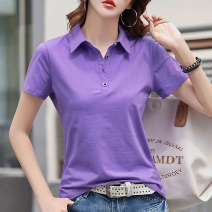 Female Tee Slim 100℅ Cotton Plain Button Women's Polo Korean Clothing Goth T-shirts Elegant Cheap Aesthetic Hot Sales Emo Kpop