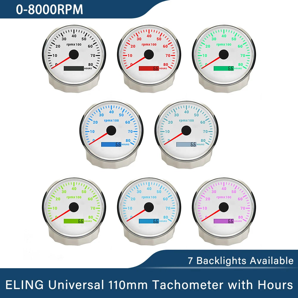 ELING 110mm Tachometer 0-3000 0-4000 0-6000 0-7000 0-8000 RPM LCD Hour Meter with 7 Colors Backlight for Car Boat Yacht 9-32V