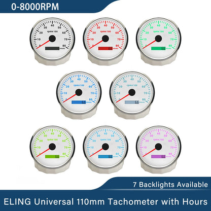 ELING 110mm Tachometer 0-3000 0-4000 0-6000 0-7000 0-8000 RPM LCD Hour Meter with 7 Colors Backlight for Car Boat Yacht 9-32V