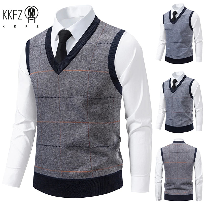 Men's V-Neck Knitted Sweater Diamond Grid Twisted Flower Casual Fashion Versatile Knit Top Autumn Winter