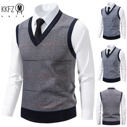 Men's V-Neck Knitted Sweater Diamond Grid Twisted Flower Casual Fashion Versatile Knit Top Autumn Winter
