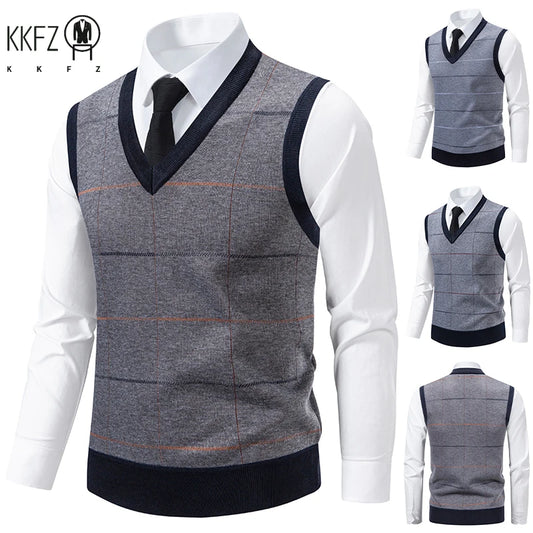 Men's V-Neck Knitted Sweater Diamond Grid Twisted Flower Casual Fashion Versatile Knit Top Autumn Winter