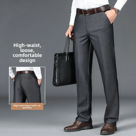 Men's Business Casual Trousers Drapey Elastic Straight Leg Spring Summer Fashionable Polyester Fiber Anti-Wrinkle Dad Pants
